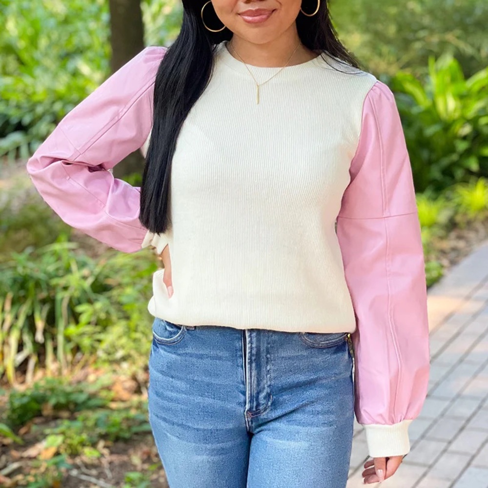 THML Knit Sweater with Faux Leather Sleeves Sz L